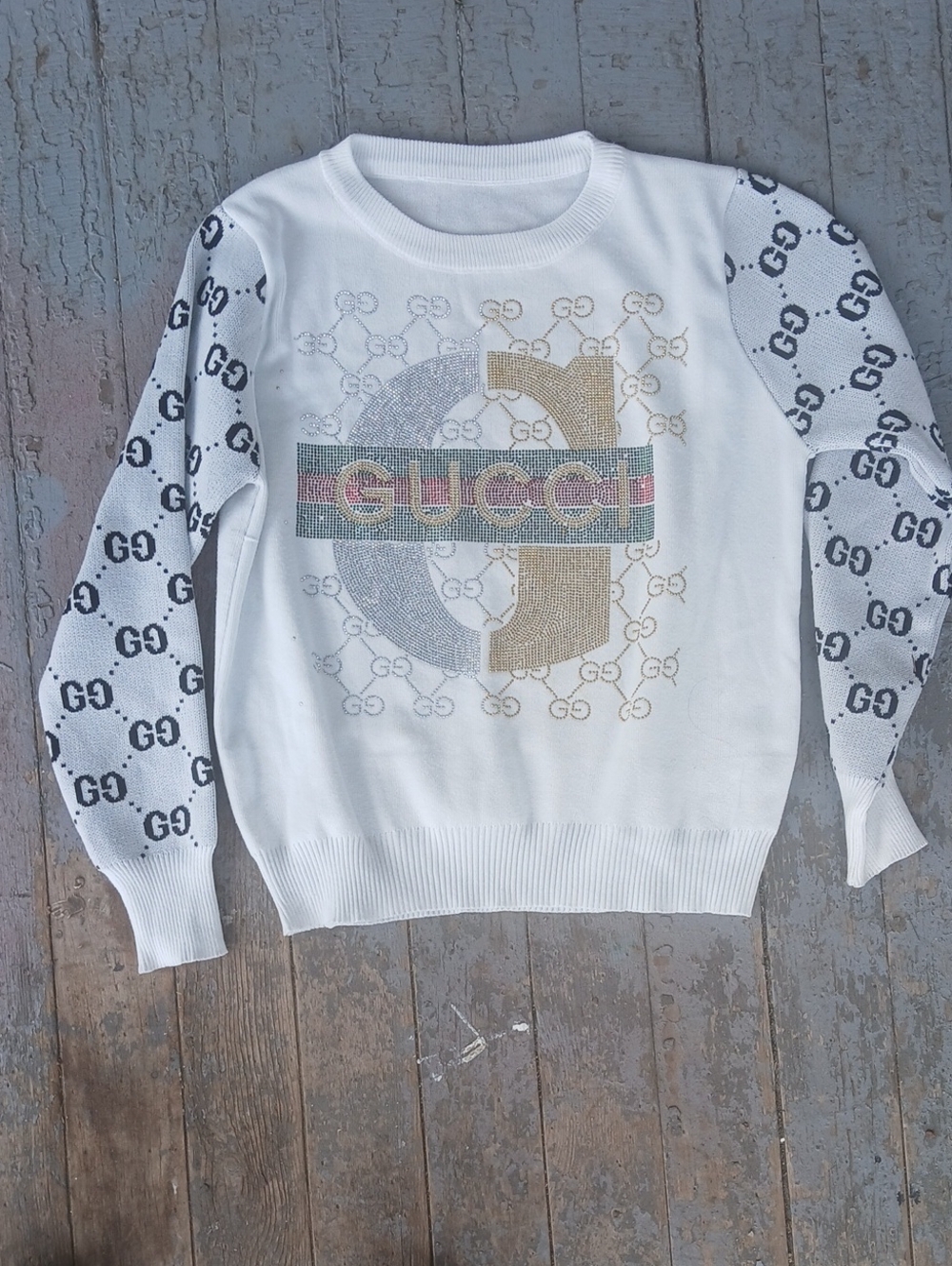 Gucci Graphic Sweater Gold Silver Red Green Embellishments